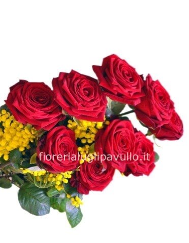 mazzo con 3 rose rosse a gambo lungo con mimosa